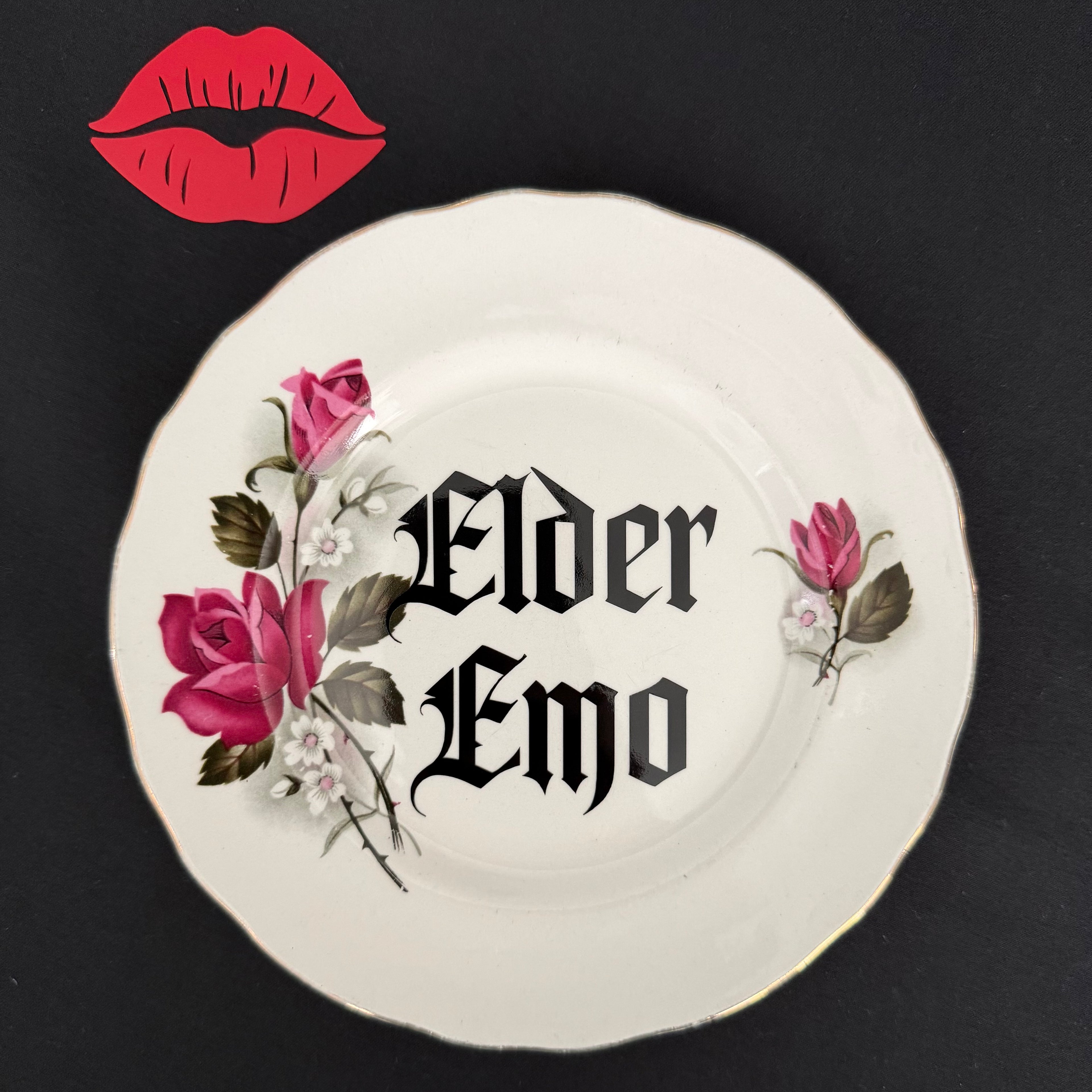 Elder Emo,  Hand Decorated Vintage Bone China Plate, Gothic Alternative Decorative Gift, Home Decor