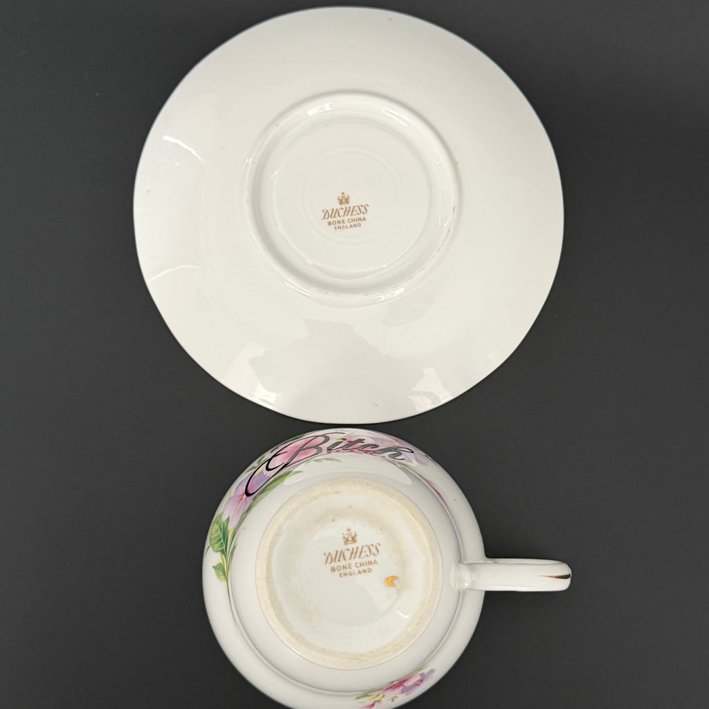 Bitch Floral Teacup & Saucer, Vintage Bone China Style Sassy Tea Set