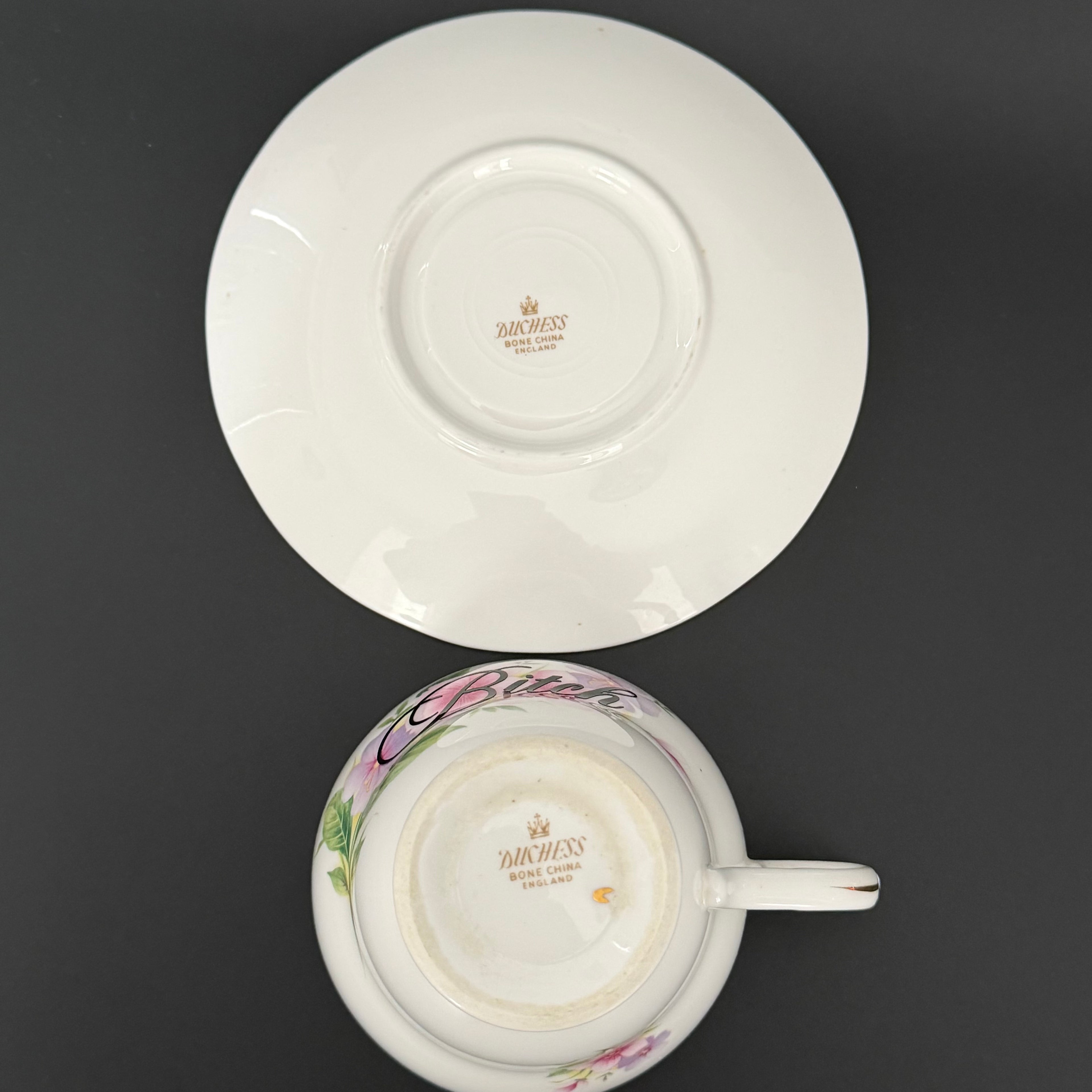 Bitch Floral Teacup & Saucer, Vintage Bone China Style Sassy Tea Set
