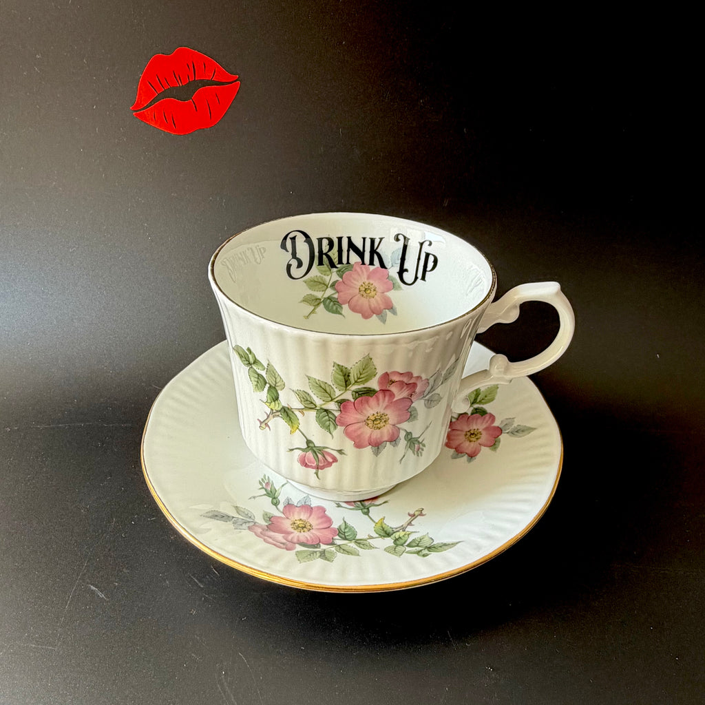 Drink up, Cunt Funny Vintage Bone China Cup & Saucer, Hand Decorated Sweary Tea Cup, Dark Humour Decor Home Decor