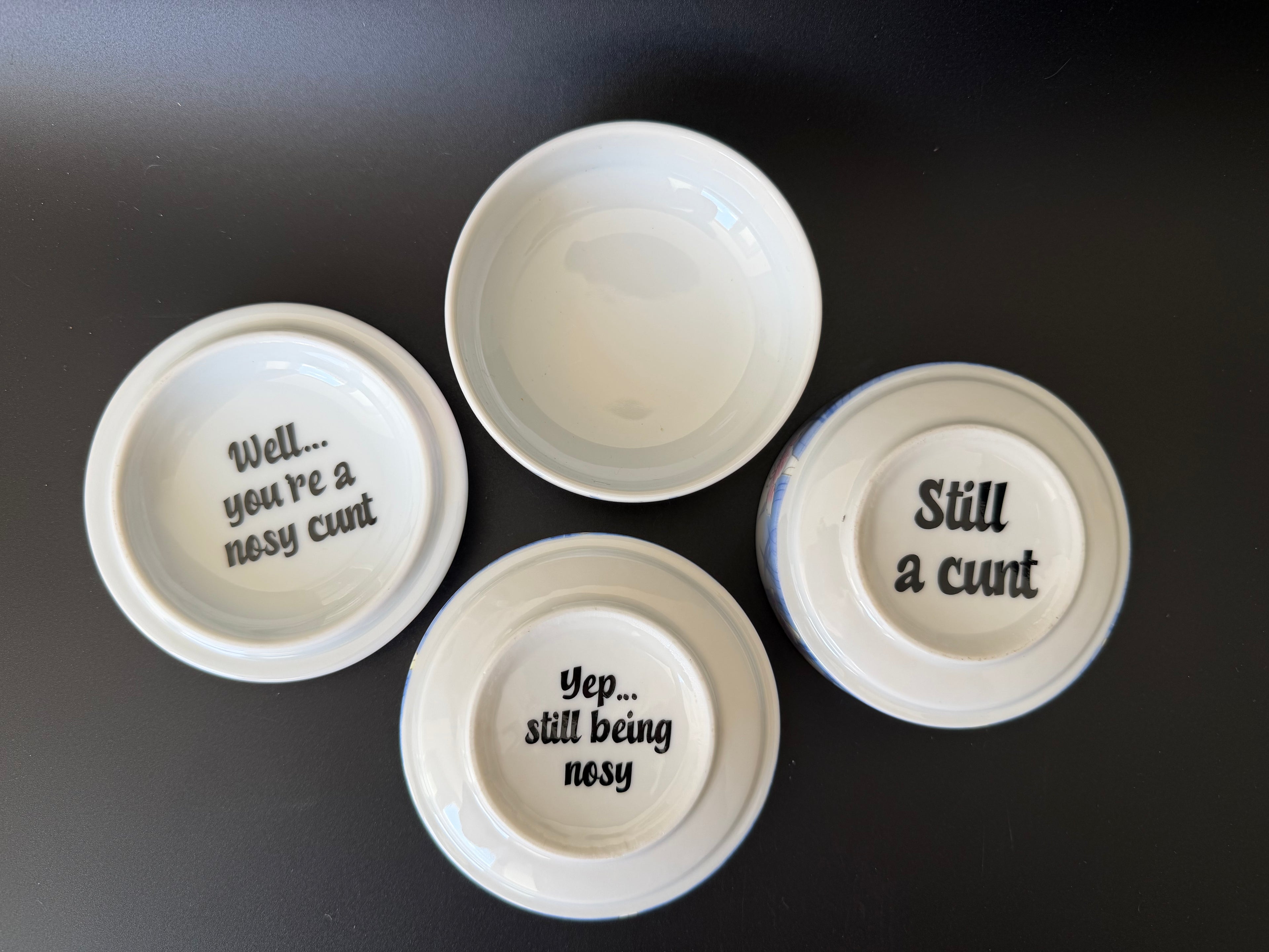 "Well You're A Nosy Cunt" Upcycled Vintage St Michael's Stacking Trinket Pots, Funny Sweary Gift