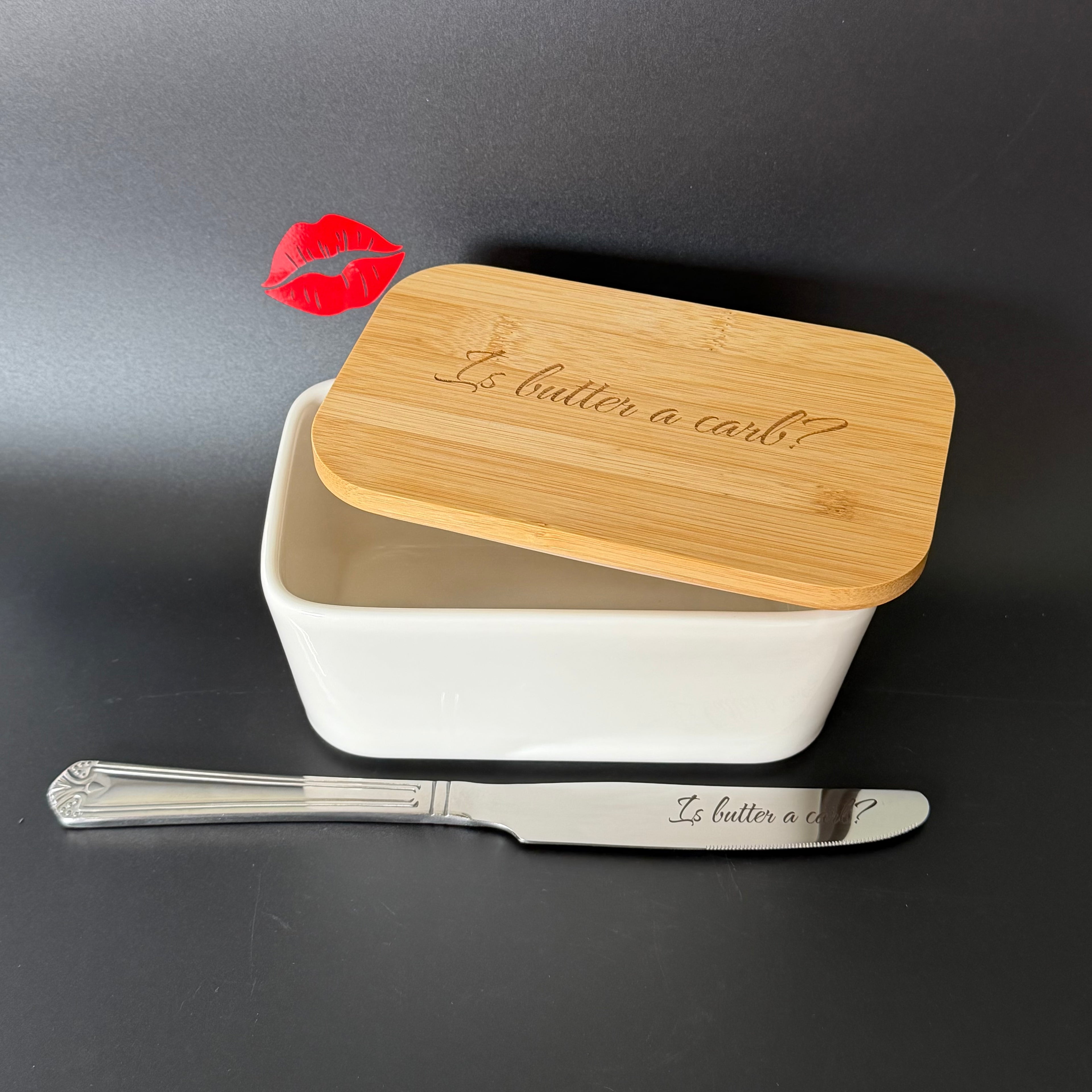 Is Butter A Carb? Engraved Porcelain Butter Dish & Knife Set, Funny Kitchen Gift