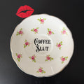 Vintage Argyle Bone China Saucer, Coffee Slut in Black Vinyl, Cheeky Floral Saucer