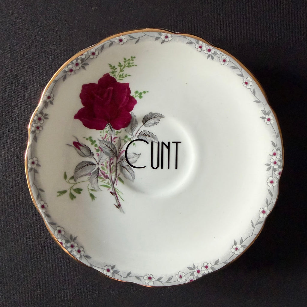 Drink up, Cunt Funny Vintage Bone China Cup & Saucer, Hand Decorated Sweary Tea Cup, Dark Humour Decor Home Decor
