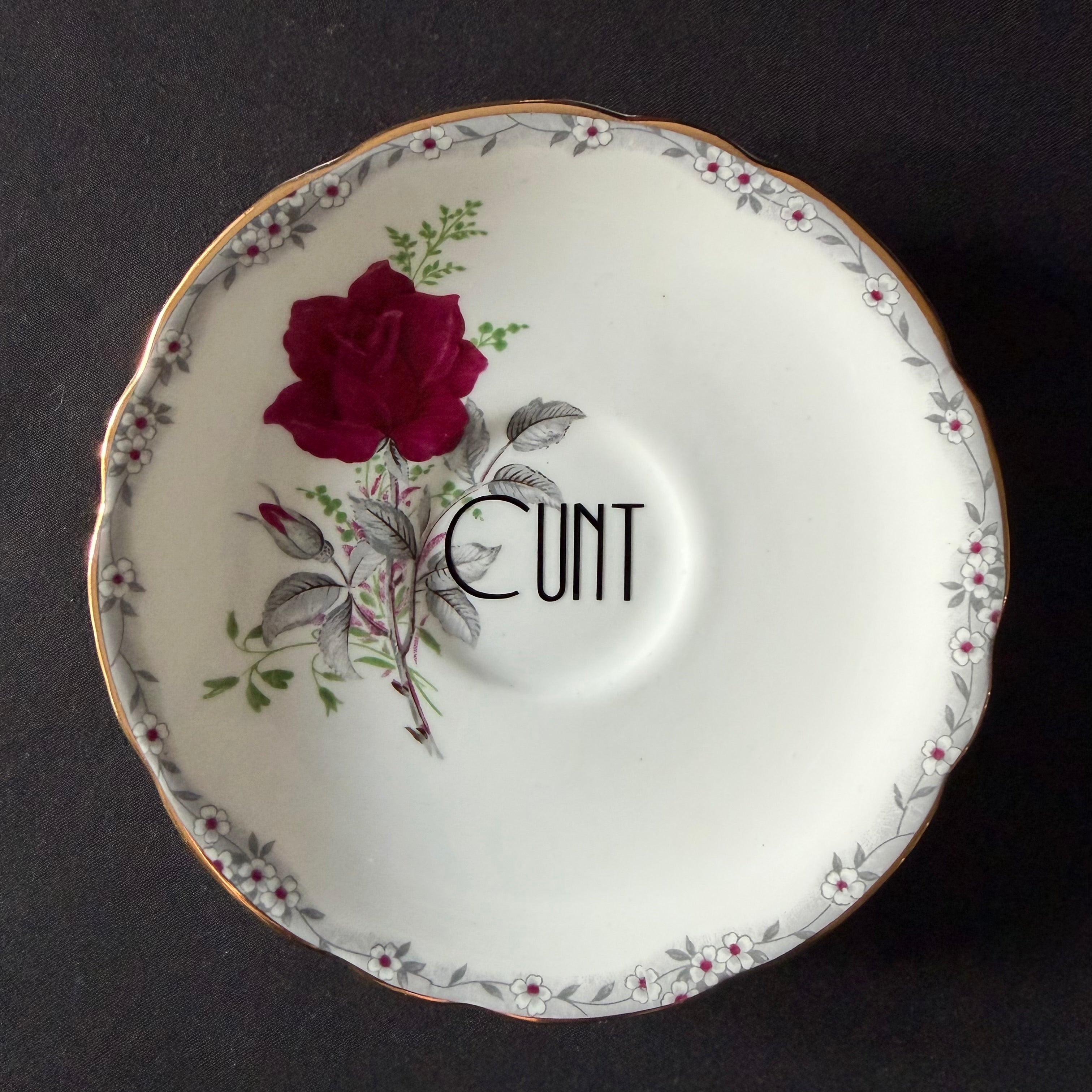 Drink up, Cunt Funny Vintage Bone China Cup & Saucer, Hand Decorated Sweary Tea Cup, Dark Humour Decor Home Decor
