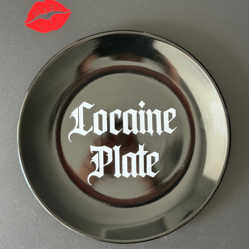 Cocaine Plate, Black Ceramic Plate Decorative Gothic Font