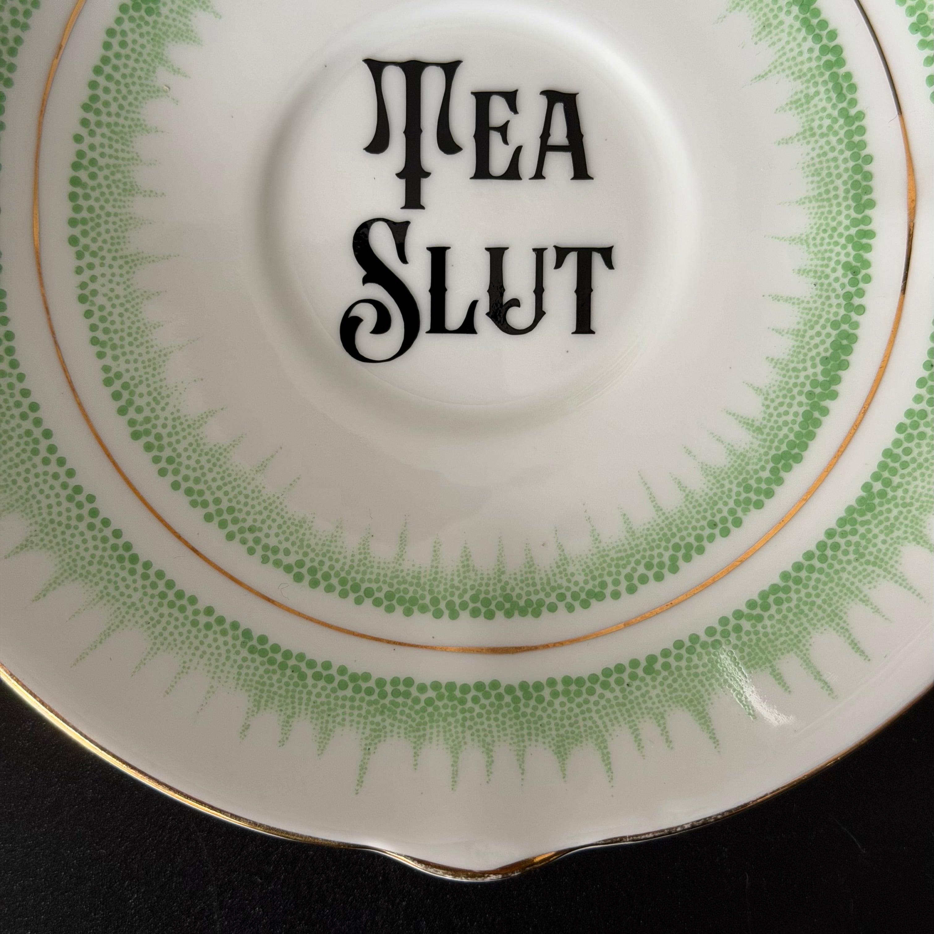 Vintage Bone China Saucer, Tea Slut in Black Vinyl, Cheeky Floral Saucer