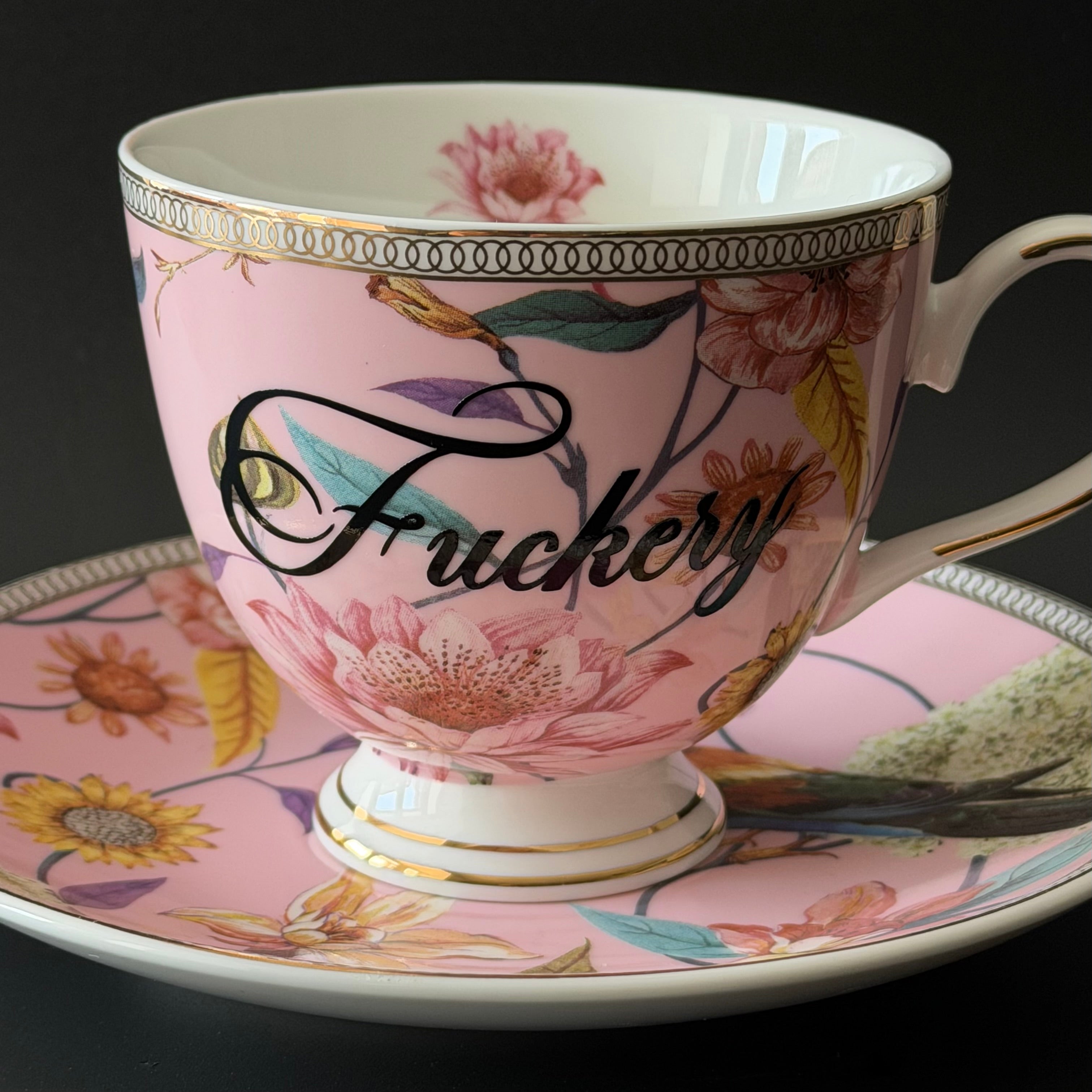 Fuckery Teacup & Saucer, Floral Pink Tea Set, Rude Vintage Style Cup, Cheeky Gift, Sassy Swears