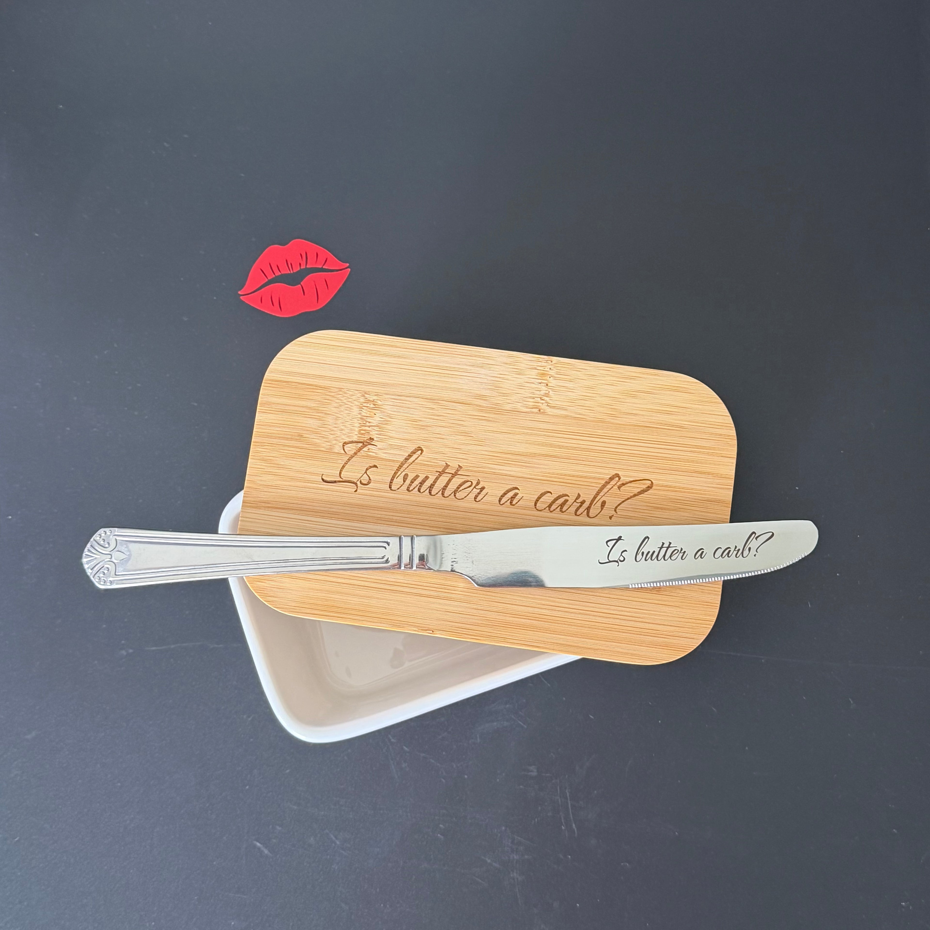 Is Butter A Carb? Engraved Porcelain Butter Dish & Knife Set, Funny Kitchen Gift