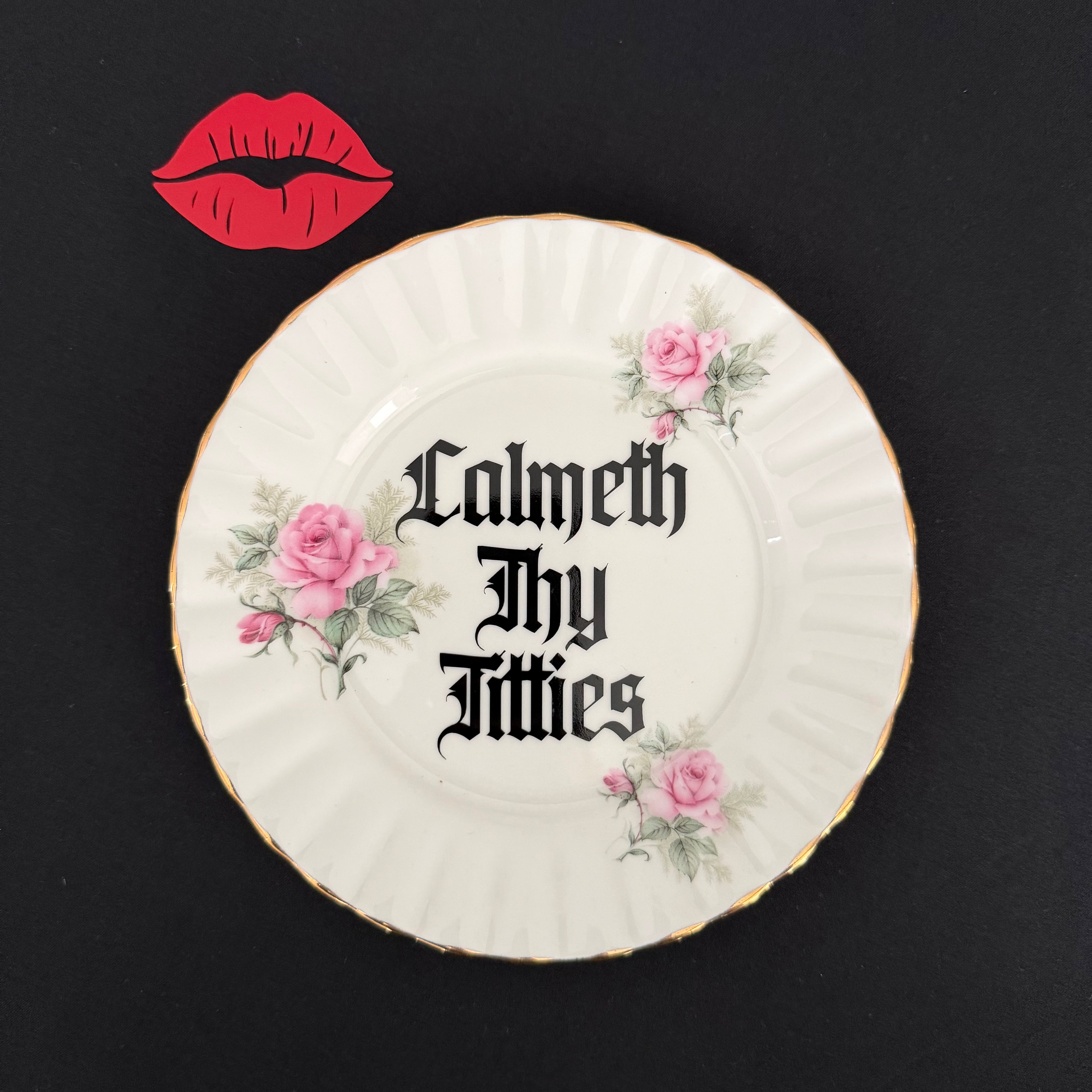 Calmeth Thy Titties, Hand Decorated Vintage Bone China Plate, Decorative Gift, Home Decor