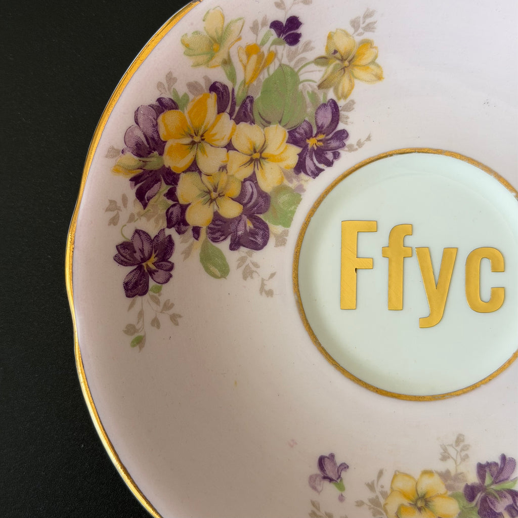 Vintage Bone China Saucer, Ffyc in Chrome Gold Vinyl, Cheeky Floral Saucer