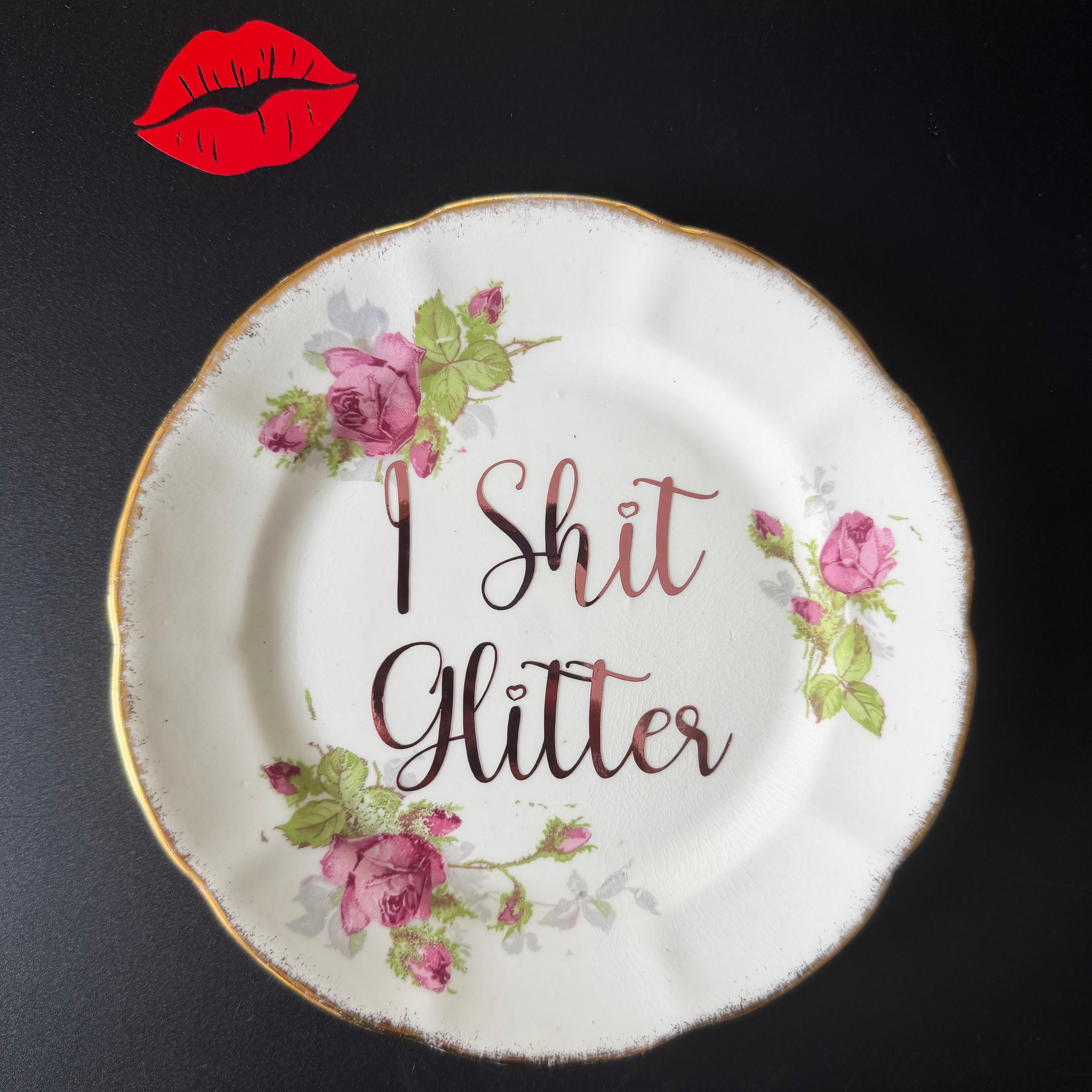 I Shit Glitter Funny Hand Decorated Vintage Bone China Plate, Cheeky Decorative Gift, Home Decor