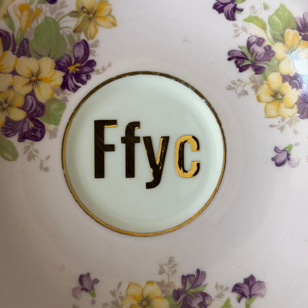 Vintage Bone China Saucer, Ffyc in Chrome Gold Vinyl, Cheeky Floral Saucer