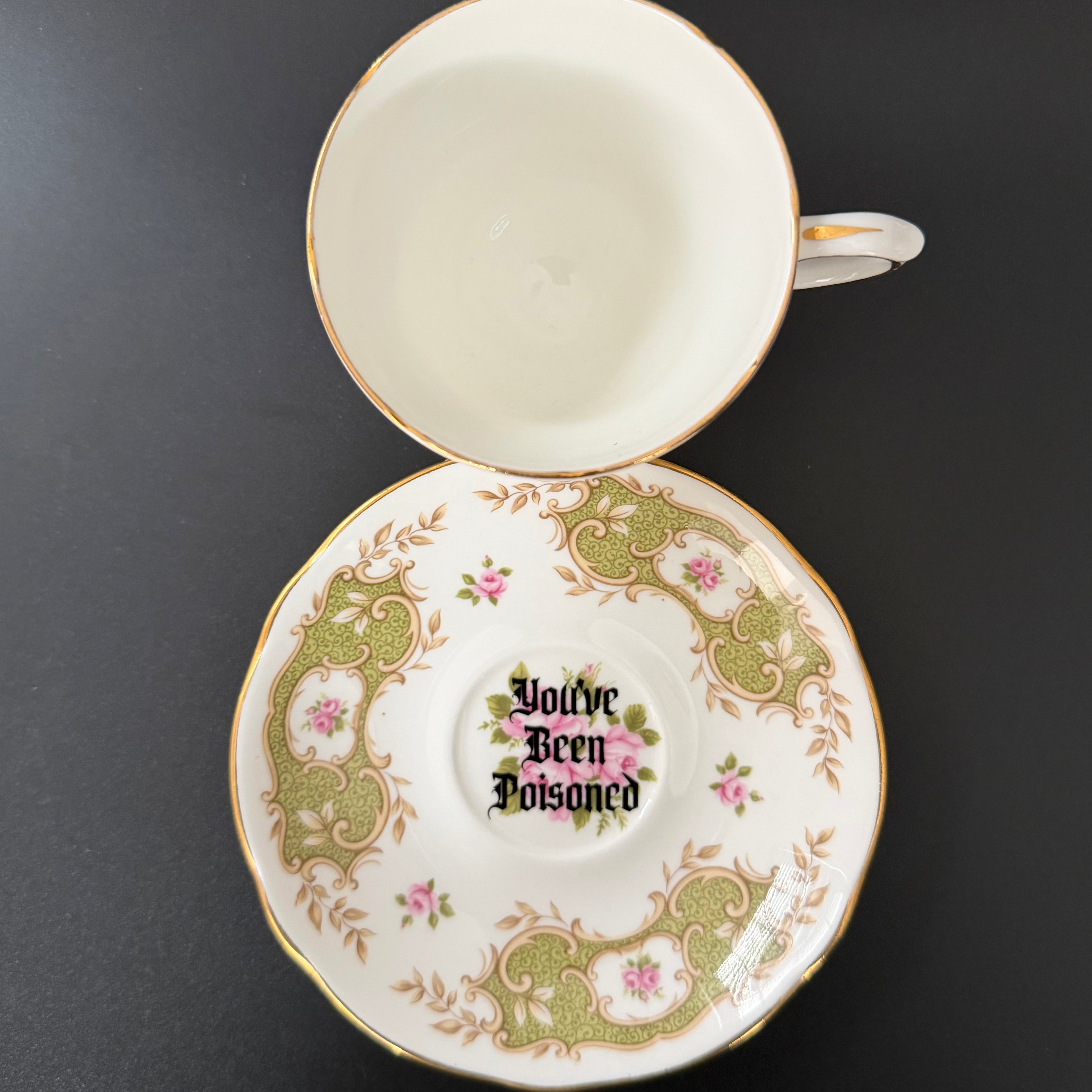 Drink up, You've Been Poisoned, Funny Vintage Bone China Cup & Saucer, Hand Decorated Sweary Tea Cup, Dark Humour Home Decor