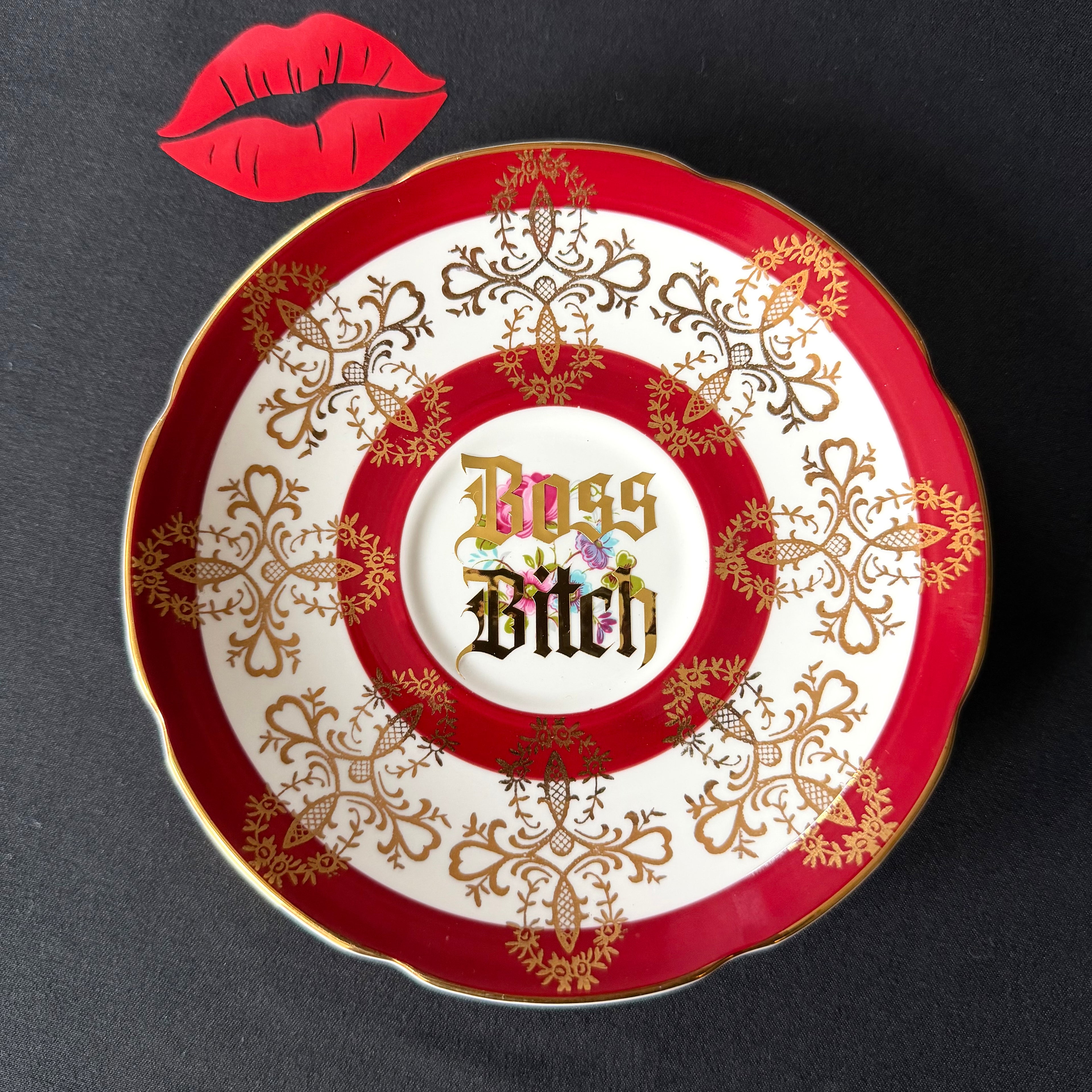 Boss Bitch Funny Hand Decorated Vintage Bone China Plate, Cheeky Decorative Gift, Home Decor