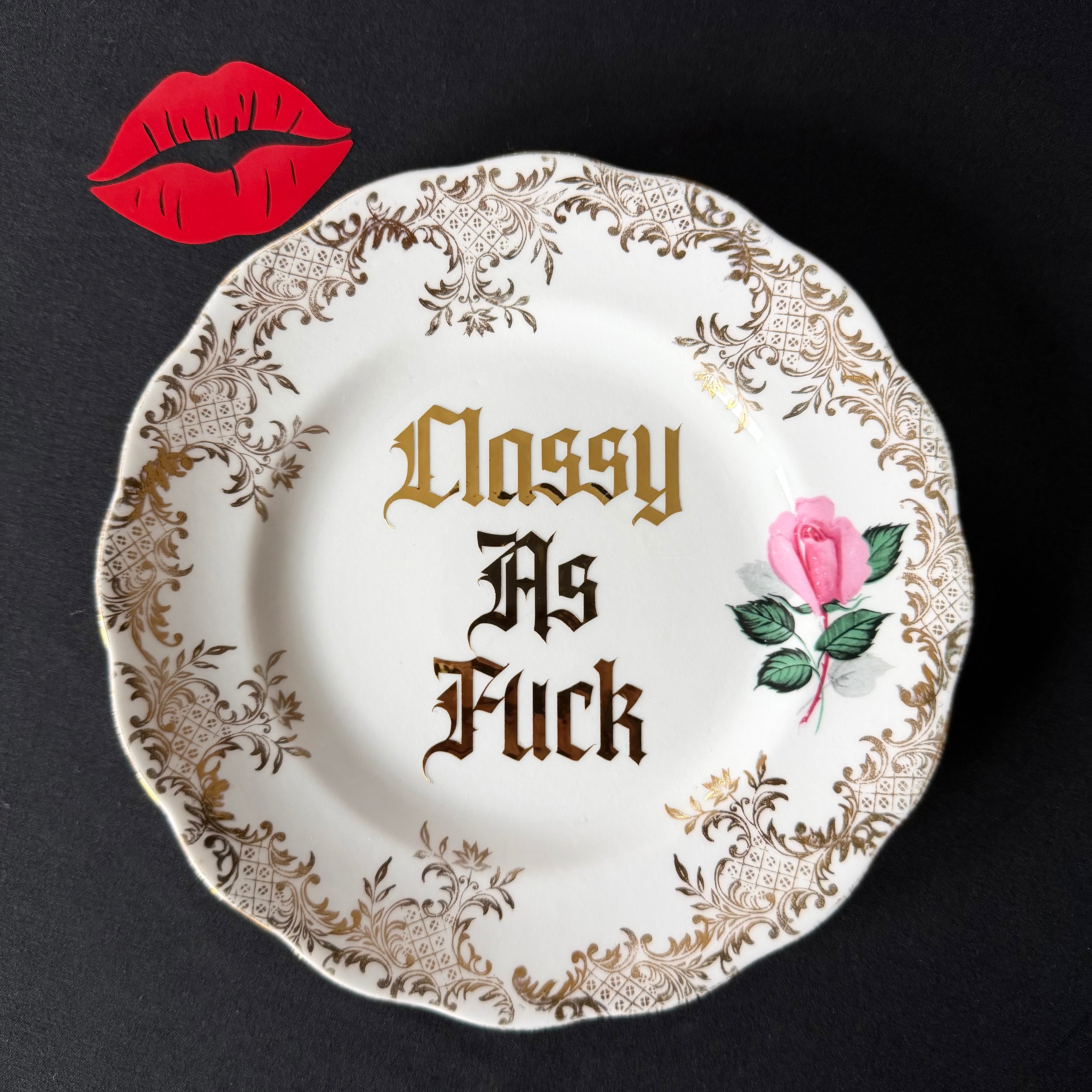 Classy As Fuck Funny Hand Decorated Vintage Bone China Plate, Cheeky Decorative Gift, Home Decor