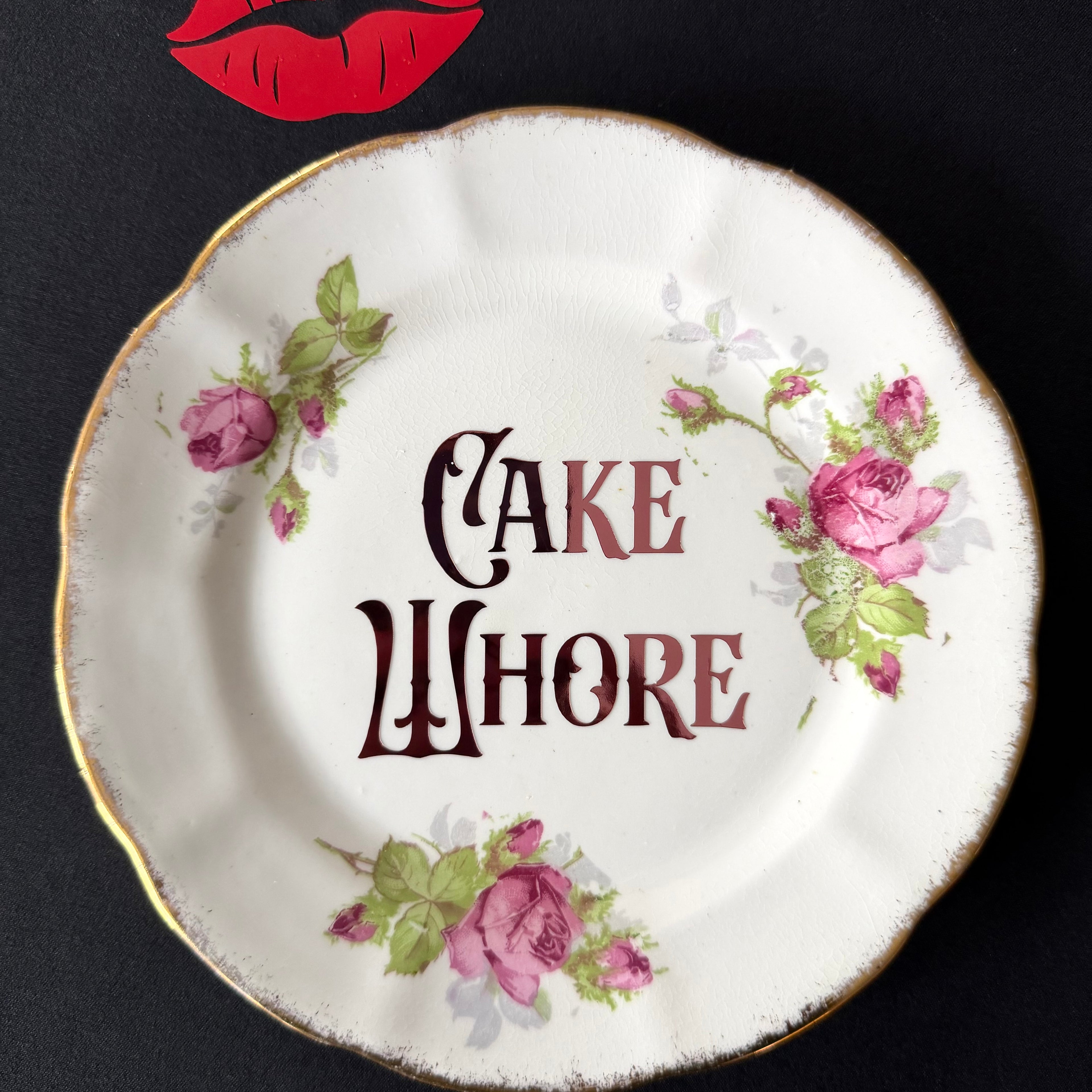 Cake Whore Funny Hand Decorated Vintage Bone China Plate, Cheeky Decorative Gift, Home Decor