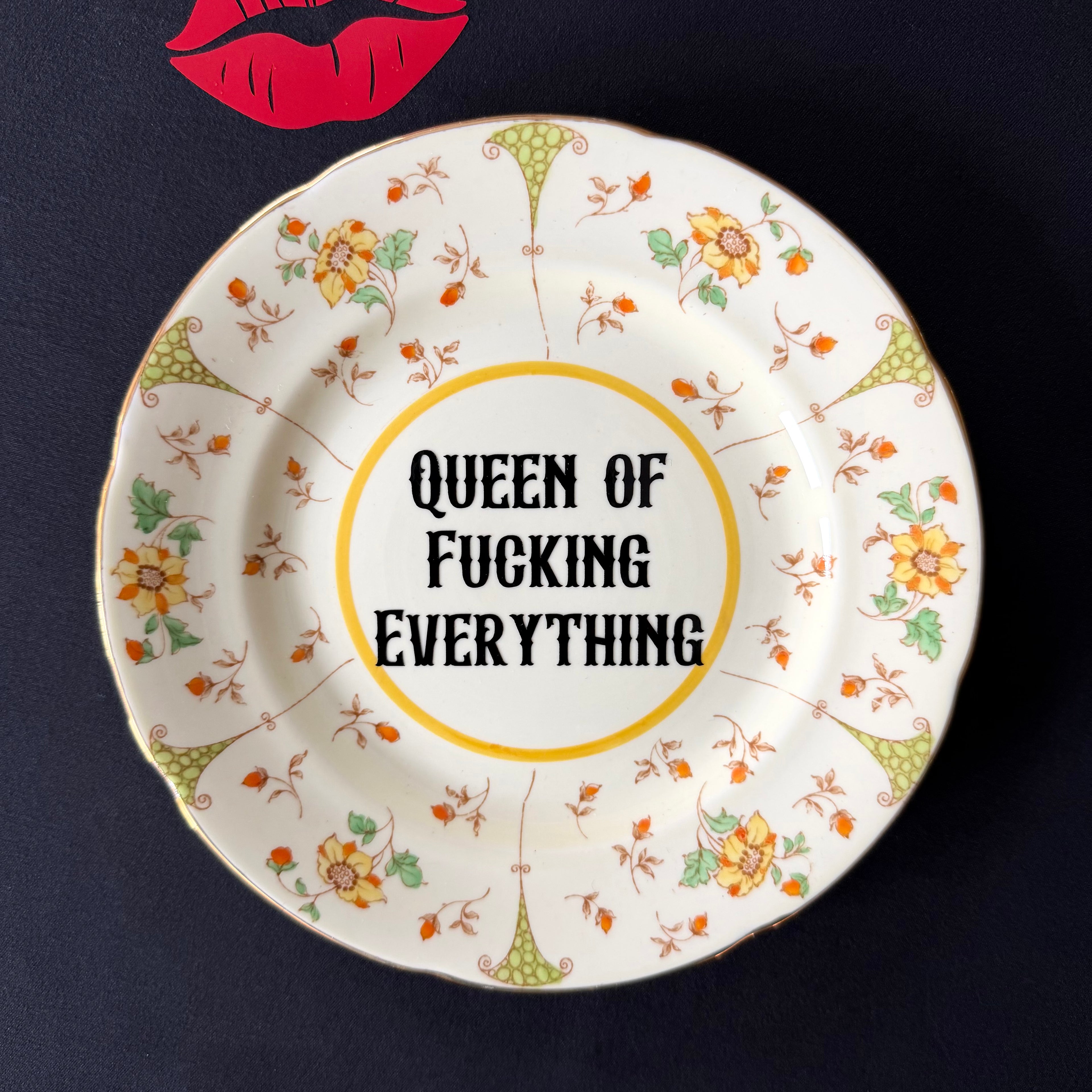 Queen Of Fucking Everything Funny Hand Decorated Vintage Bone China Plate, Cheeky Decorative Home Decor Gift