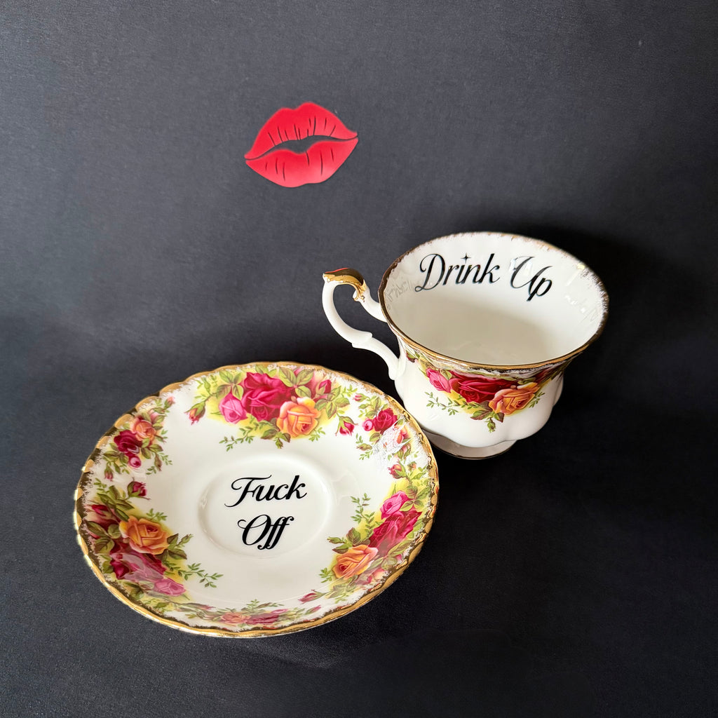 Drink up, Fuck Off Funny Vintage Bone China Cup & Saucer, Hand Decorated Sweary Tea Cup, Dark Humour Decor Home Decor