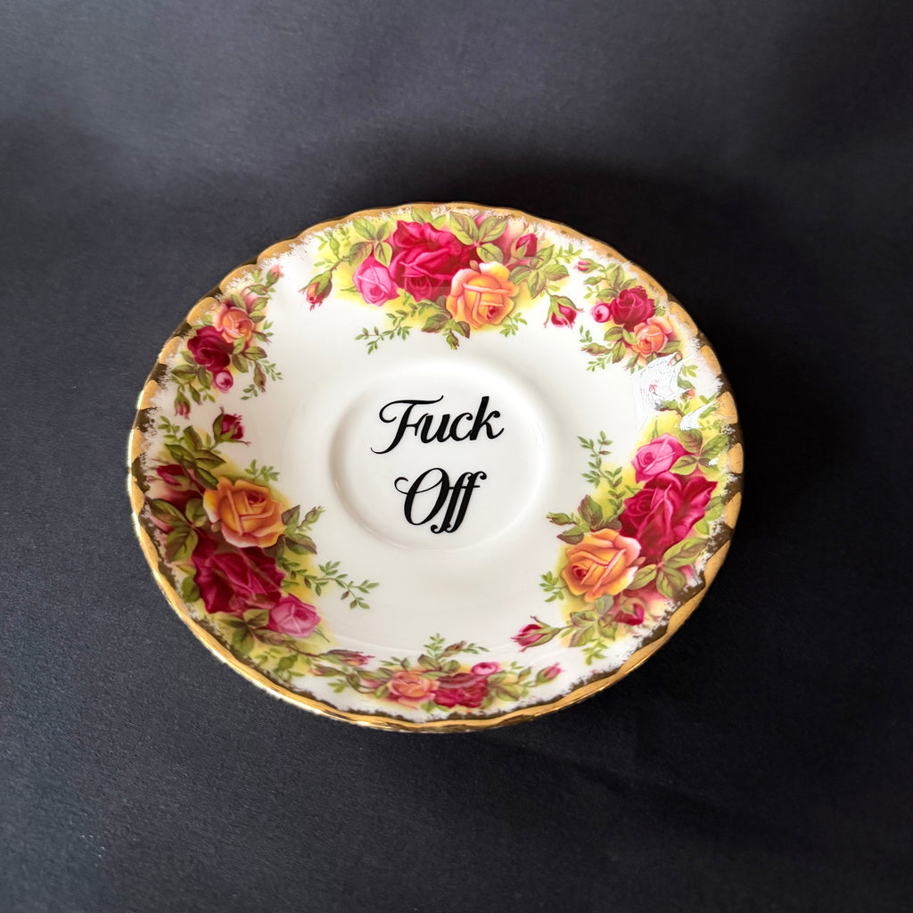 Drink up, Fuck Off Funny Vintage Bone China Cup & Saucer, Hand Decorated Sweary Tea Cup, Dark Humour Decor Home Decor
