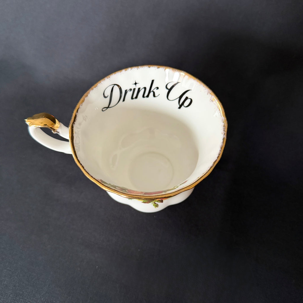 Drink up, Fuck Off Funny Vintage Bone China Cup & Saucer, Hand Decorated Sweary Tea Cup, Dark Humour Decor Home Decor
