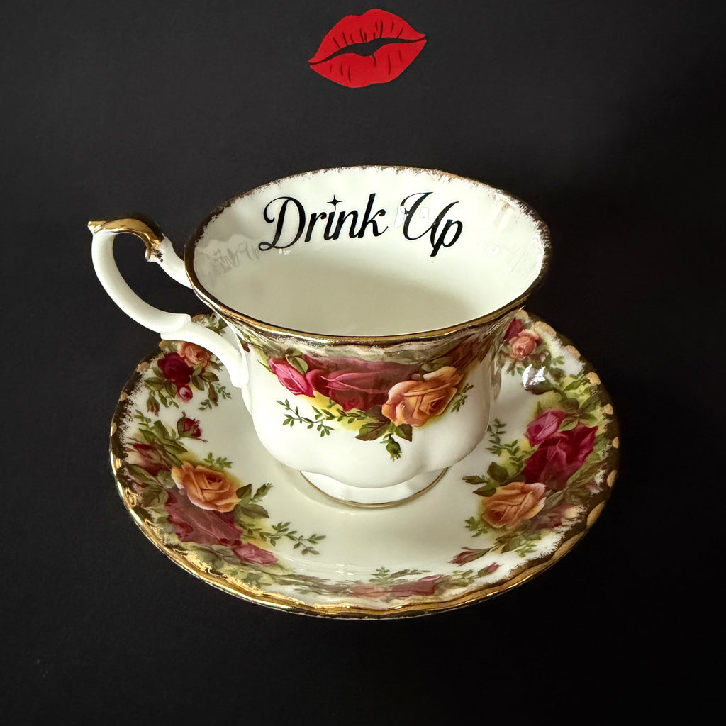 Drink up, Fuck Off Funny Vintage Bone China Cup & Saucer, Hand Decorated Sweary Tea Cup, Dark Humour Decor Home Decor