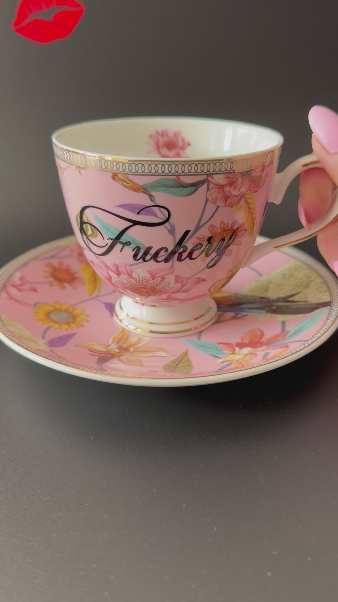 Fuckery Teacup & Saucer, Floral Pink Tea Set, Rude Vintage Style Cup, Cheeky Gift, Sassy Swears