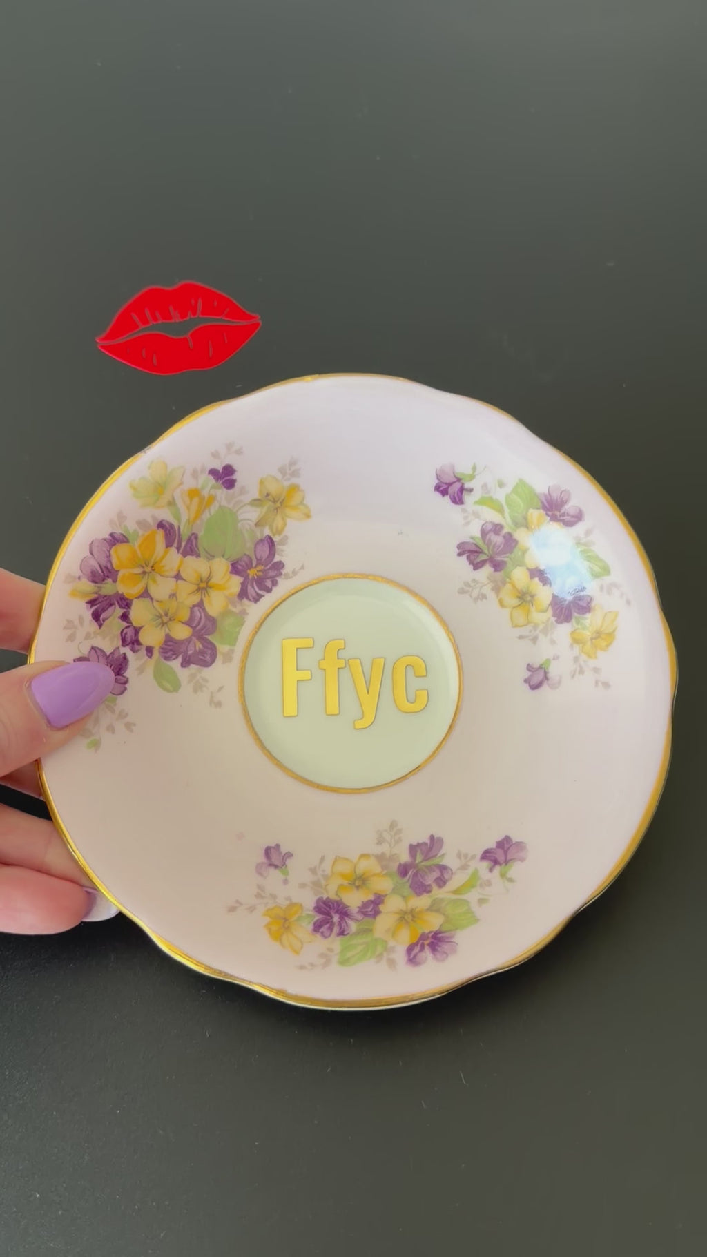 Vintage Bone China Saucer, Ffyc in Chrome Gold Vinyl, Cheeky Floral Saucer