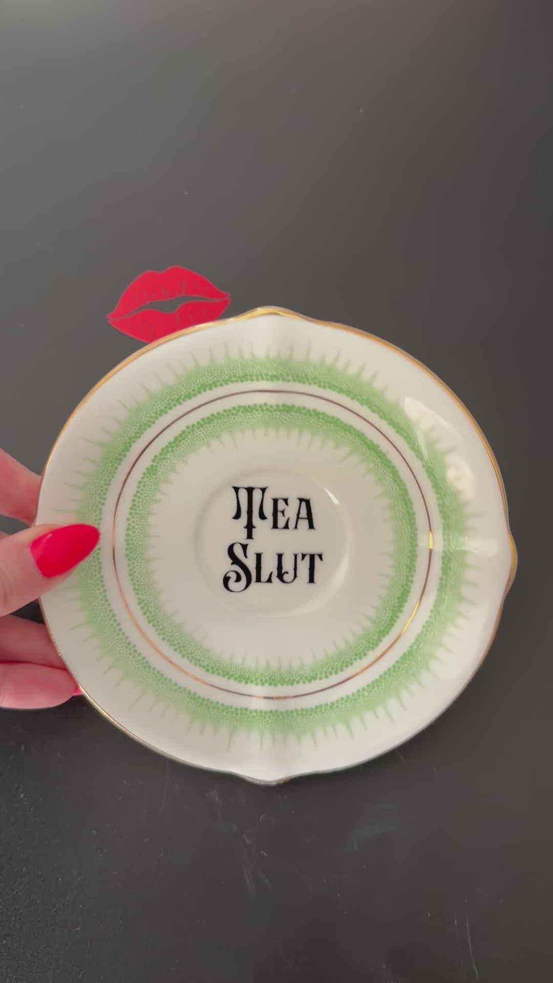 Vintage Bone China Saucer, Tea Slut in Black Vinyl, Cheeky Floral Saucer