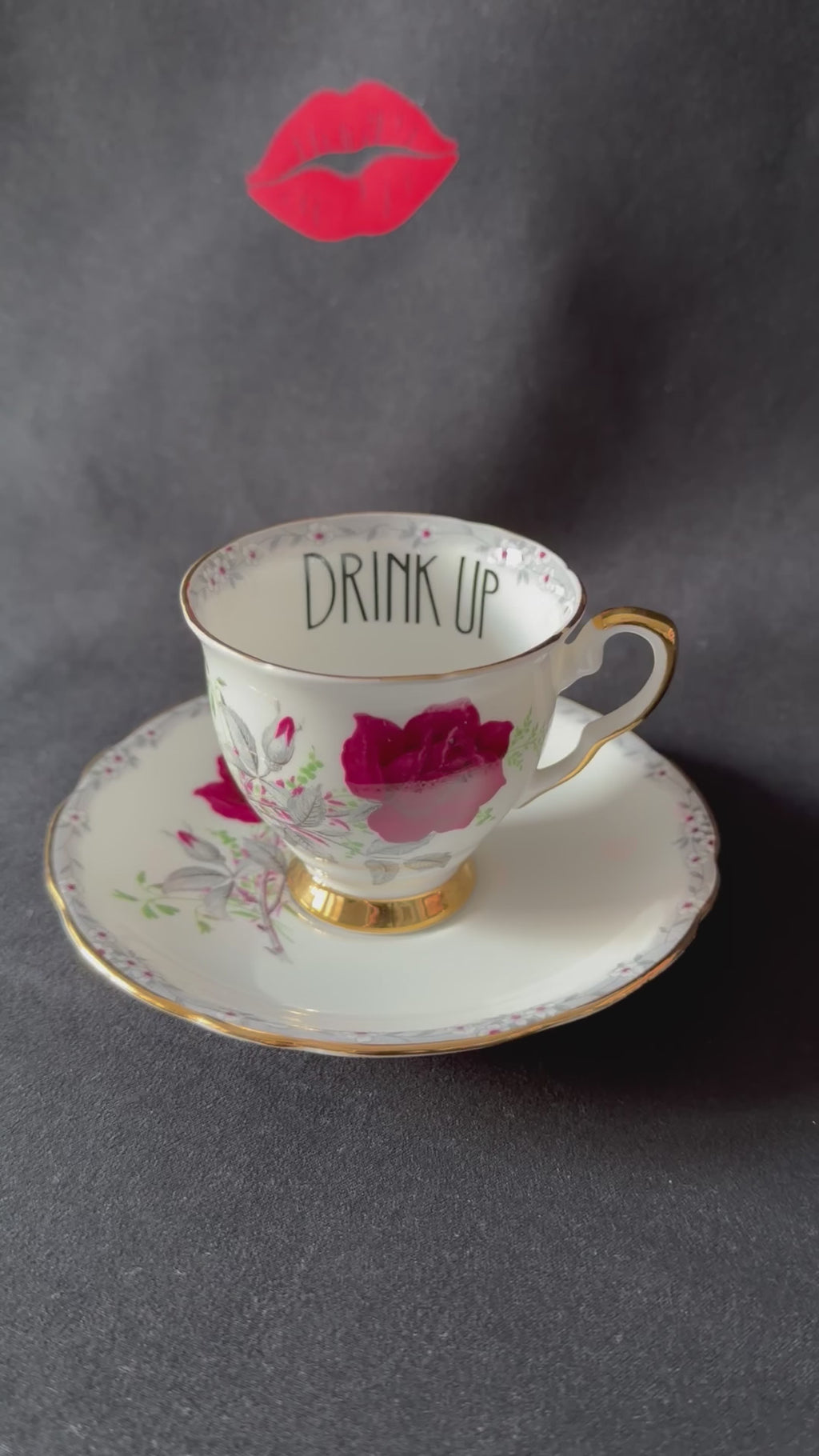 Drink up, Cunt Funny Vintage Bone China Cup & Saucer, Hand Decorated Sweary Tea Cup, Dark Humour Decor Home Decor