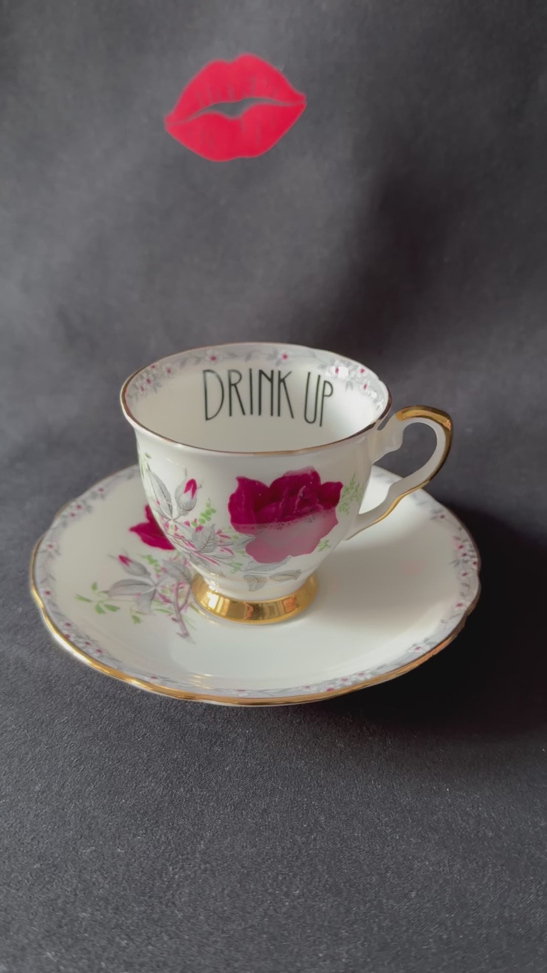 Drink up, Cunt Funny Vintage Bone China Cup & Saucer, Hand Decorated Sweary Tea Cup, Dark Humour Decor Home Decor