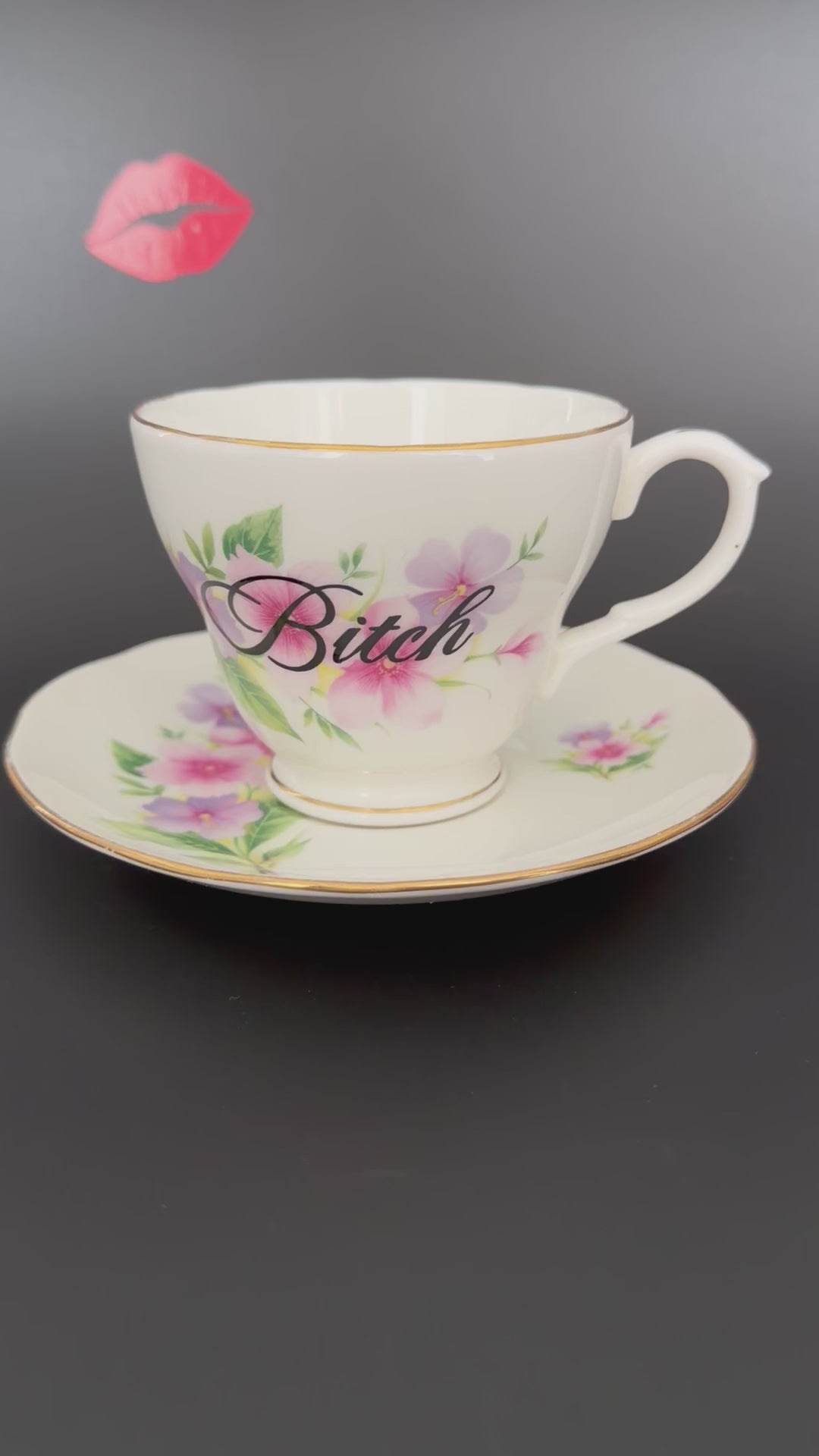 Bitch Floral Teacup & Saucer, Vintage Bone China Style Sassy Tea Set