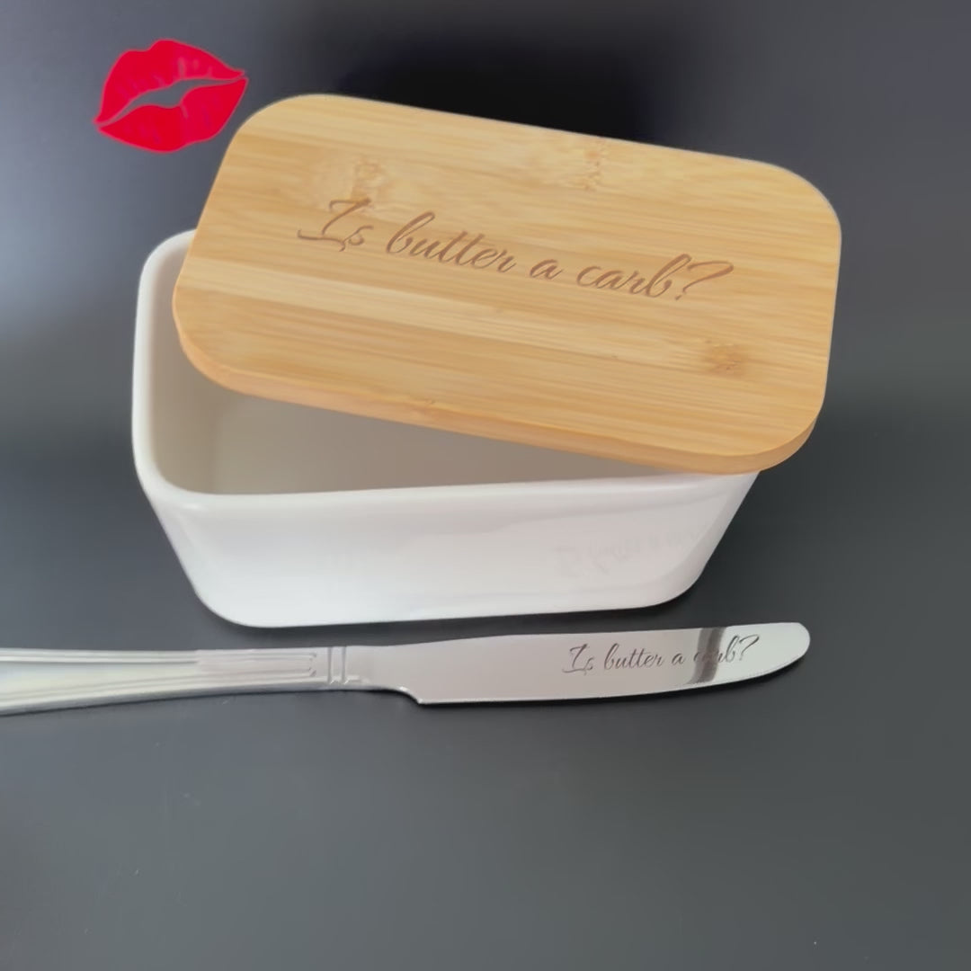 Is Butter A Carb? Engraved Porcelain Butter Dish & Knife Set, Funny Kitchen Gift