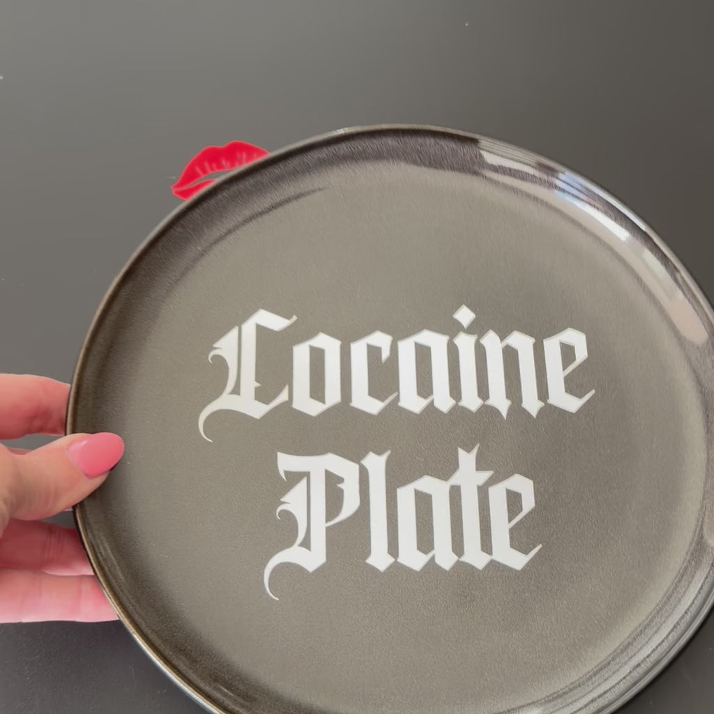 Cocaine Plate, Black Ceramic Plate Decorative Gothic Font
