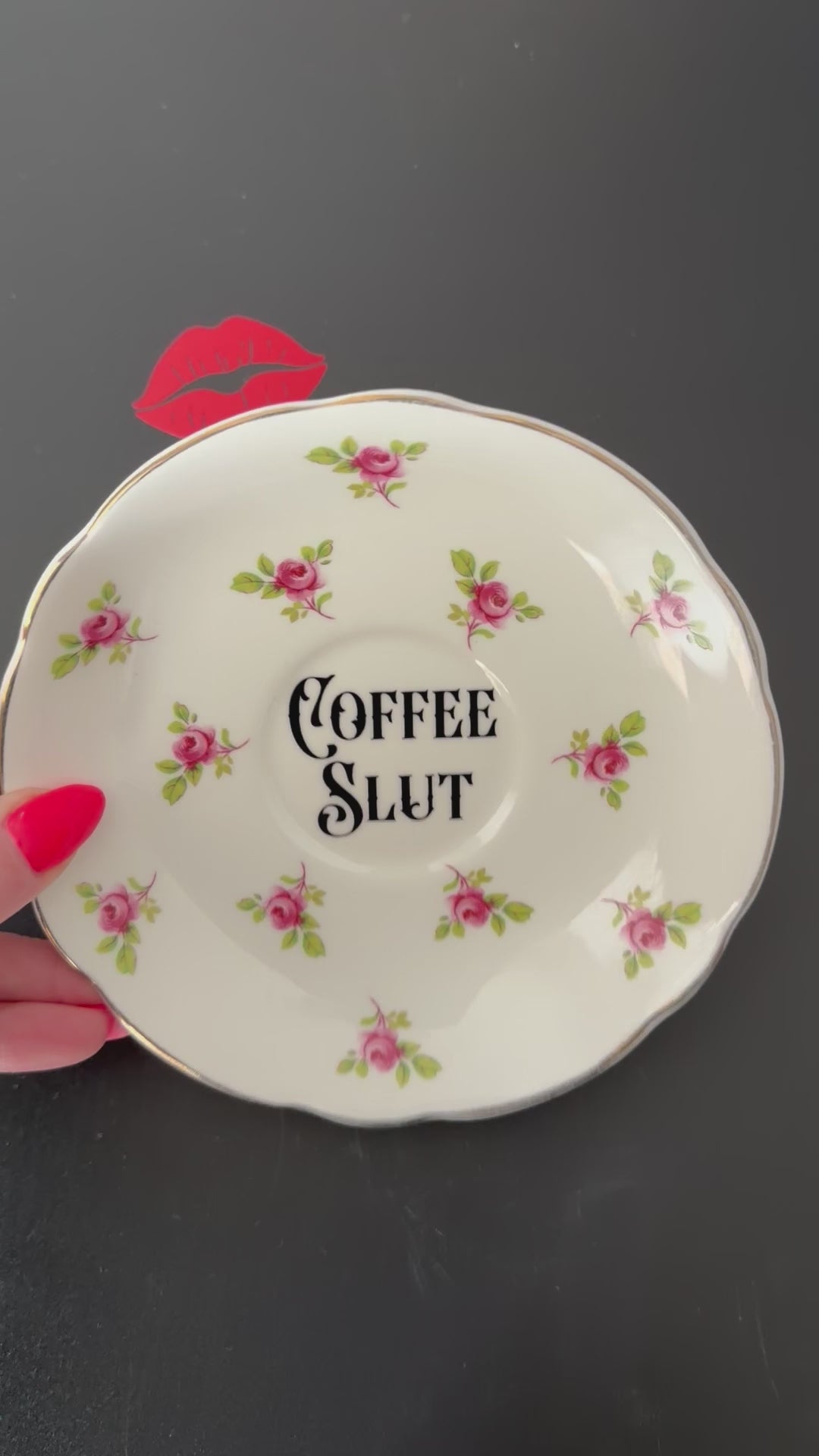 Vintage Argyle Bone China Saucer, Coffee Slut in Black Vinyl, Cheeky Floral Saucer