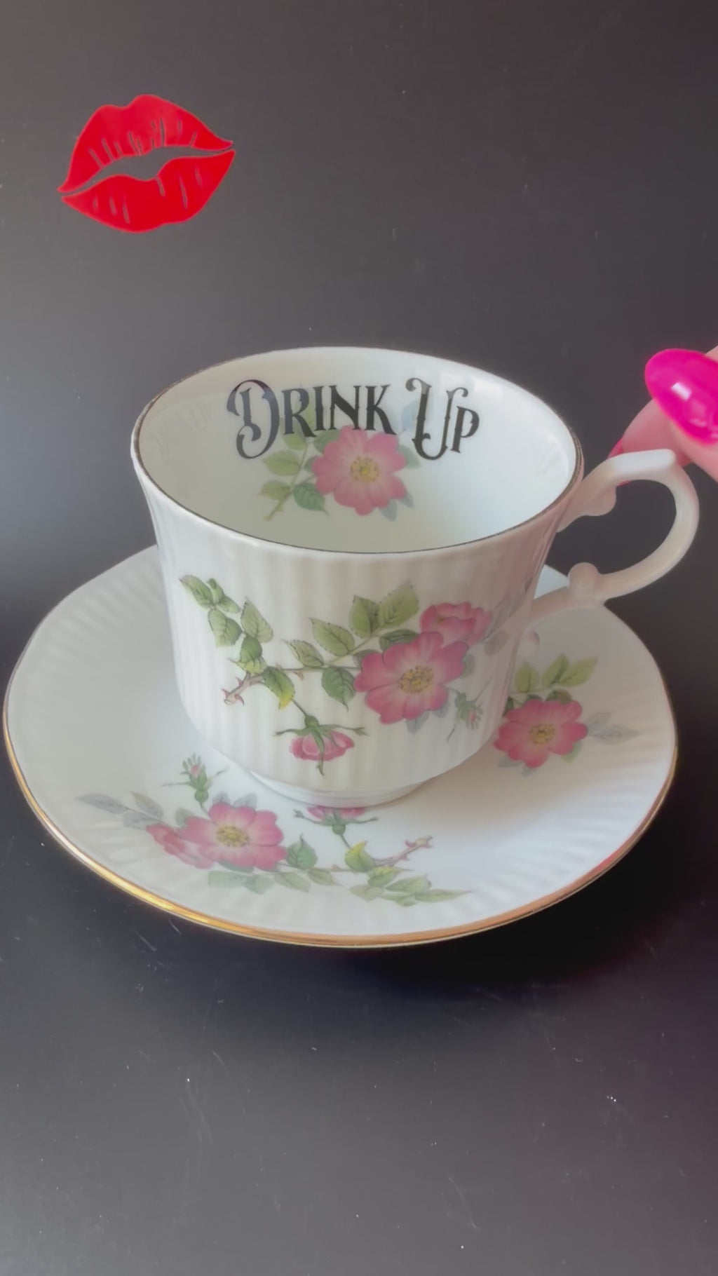 Drink up, Cunt Funny Vintage Bone China Cup & Saucer, Hand Decorated Sweary Tea Cup, Dark Humour Decor Home Decor
