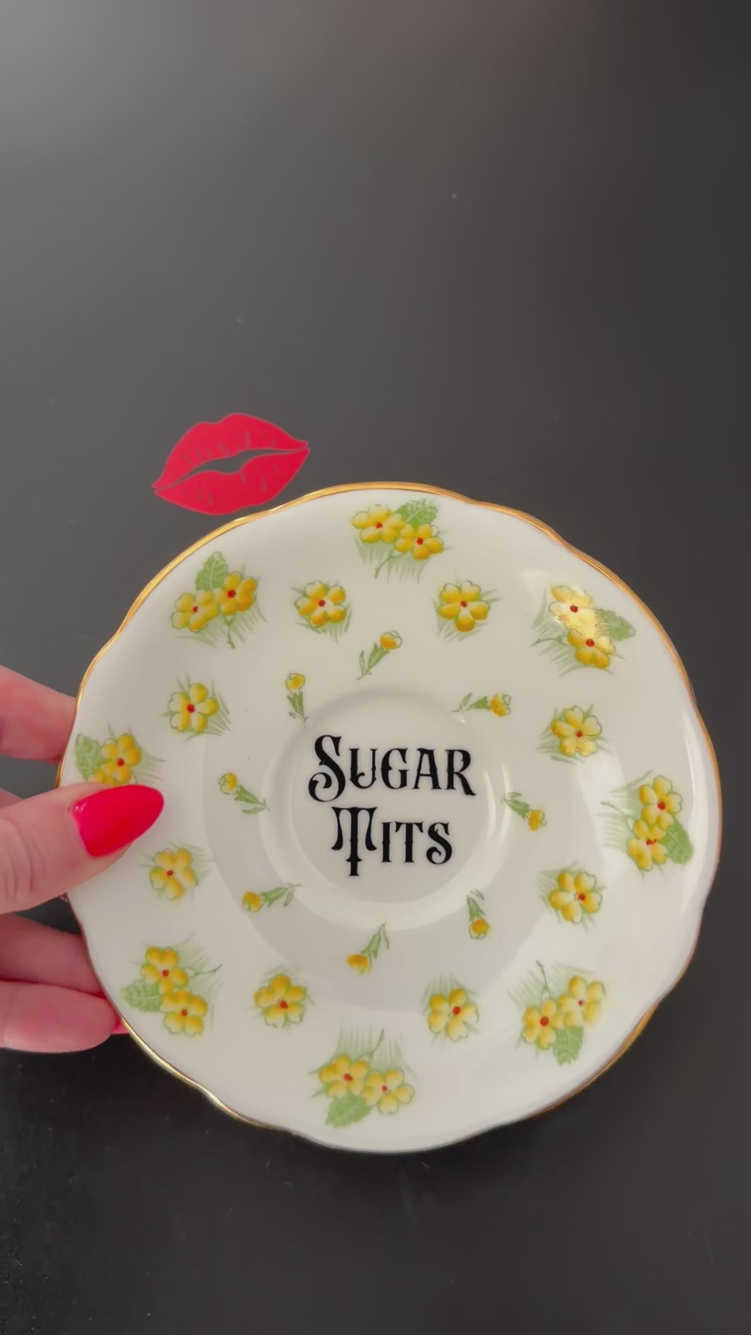 Vintage Bone China Plate, Sugar Tits, Black Vinyl, Floral Plate